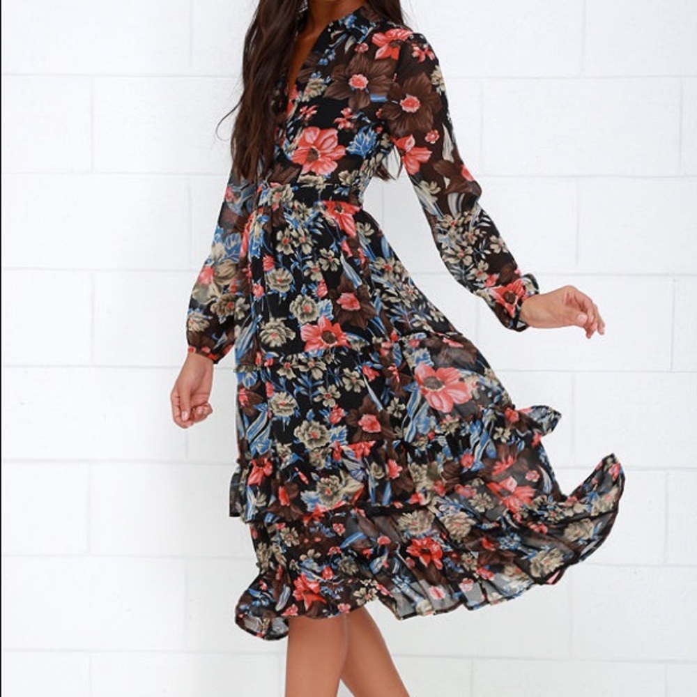 Peony Earned Black Floral Print Midi Dress